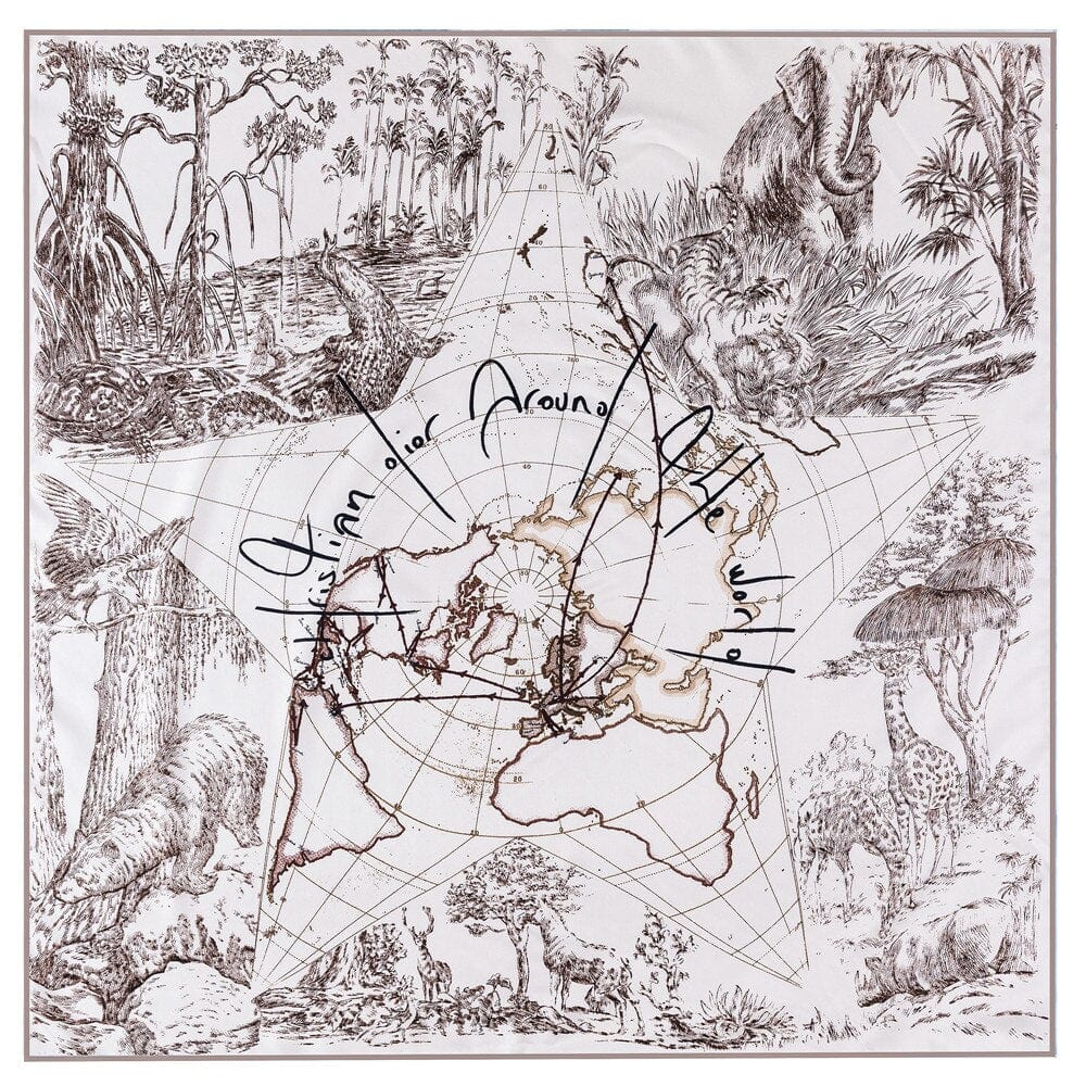 World Map & Animal Print Luxury Hand-Rolled Twill Silk Scarf 90cm