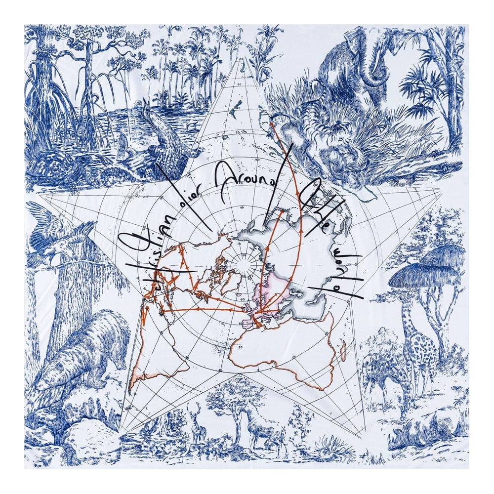 World Map & Animal Print Luxury Hand-Rolled Twill Silk Scarf 90cm